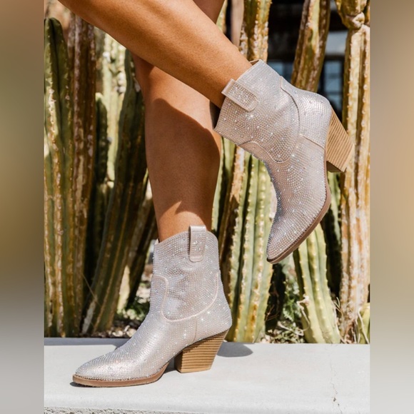 Rhinestone champagne cowboy ankle boot - Picture 7 of 8